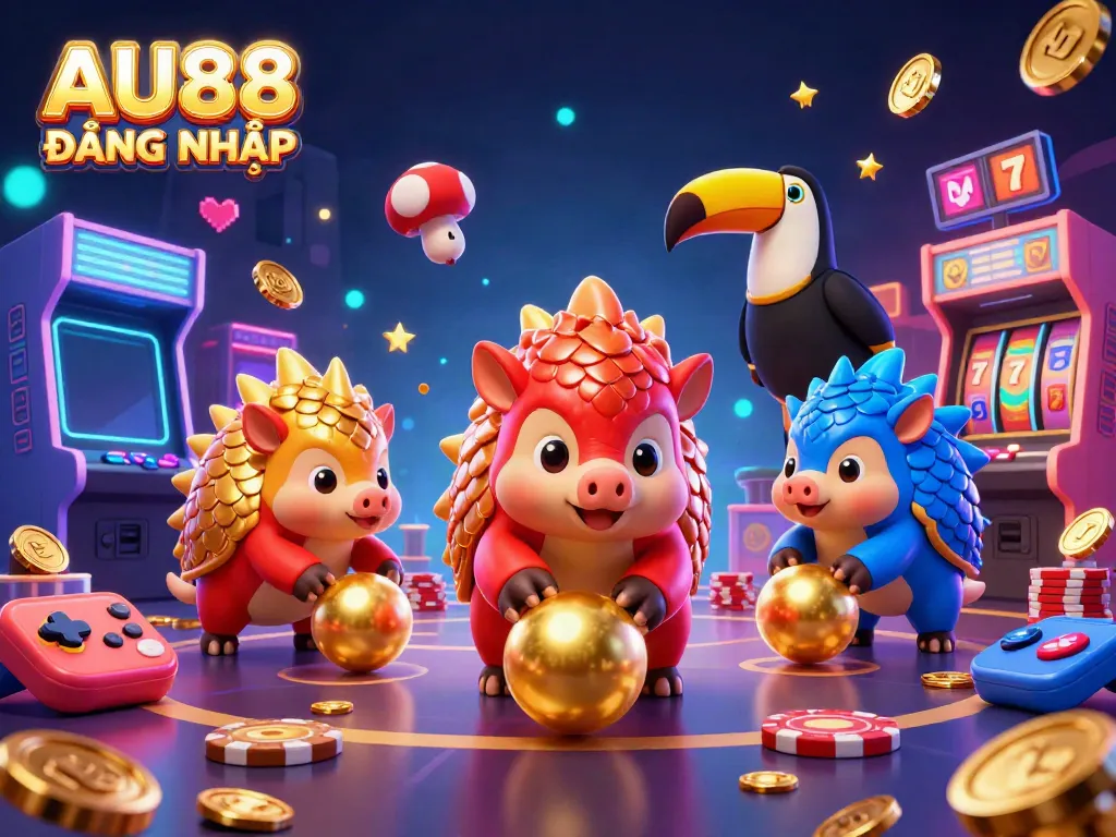 Engaging scene of AU88 ĐĂNG NHẬP featuring rival pangolins bowling through poker chips in a vibrant casino