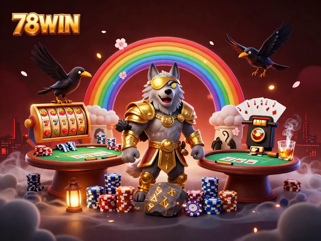 Engaging scene showcasing the excitement of 78WIN casino, featuring Odin and ravens amidst slot reels and poker elements.