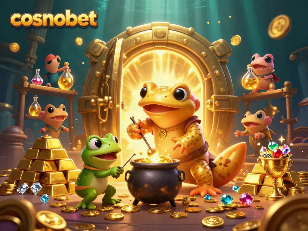 Experience the magic of cosmobet with a vibrant 3D scene showcasing gambling excitement and golden treasures.