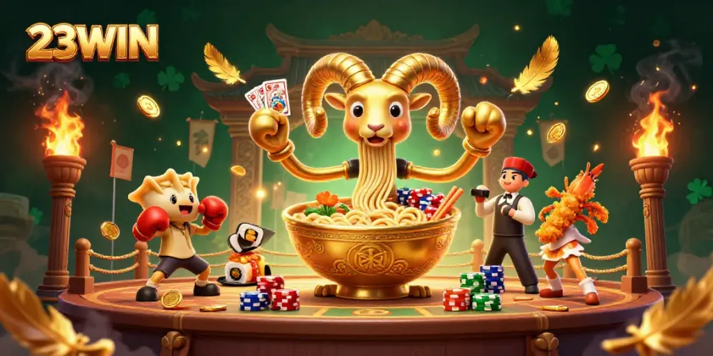 Engage in thrilling games at 23WIN with a vibrant casino scene featuring dynamic characters and golden elements.