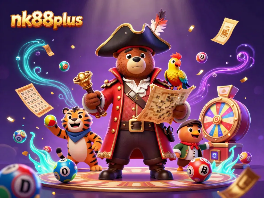 Engage with nk88plus, featuring vibrant characters and colorful lottery elements in a lively casino scene.