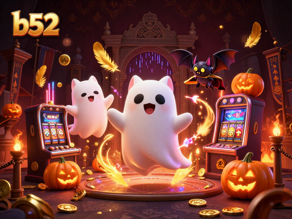 b52 gaming experience with a ghost cat and vampire bat in a haunted casino scene
