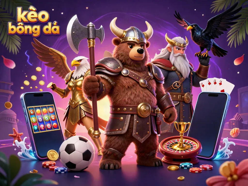 Engage with kèo bóng đá through vibrant 3D fantasy sports betting illustration featuring a Viking berserker and Valkyrie.