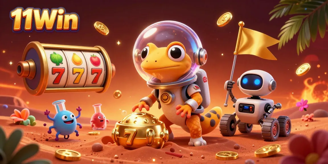 Experience 11Win in this vibrant 3D illustration with a Martian gecko and casino elements.