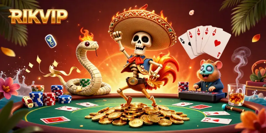 Celebrate wins at RIKVIP with vibrant casino experiences featuring animated characters and poker elements.