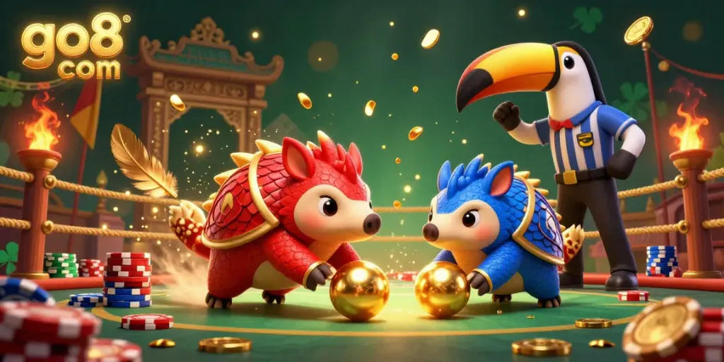 Experience the thrill of go8 com as rival pangolins roll golden balls in a vibrant casino scene.