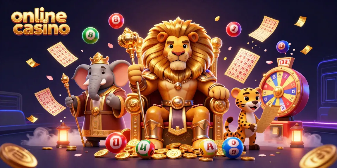 Engaging online casino illustration showing a lion king, elephant advisor, and cheetah messenger amid vibrant gaming elements.