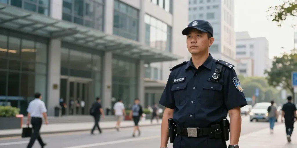 Security guard in uniform at a local office, representing trusted professional services.