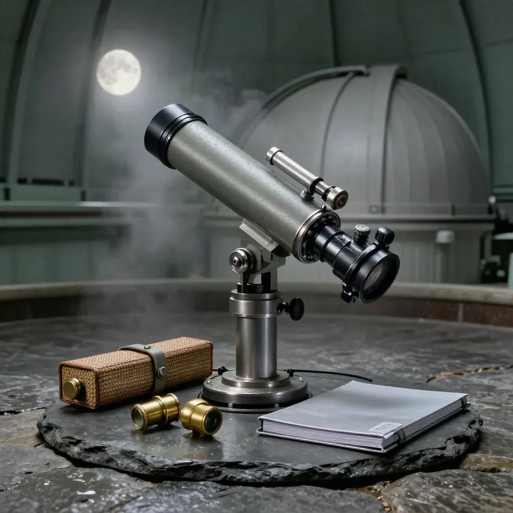 Observatory mount, telescope tube, fibre cases and brass caps on a damp stone floor in moonlit mist