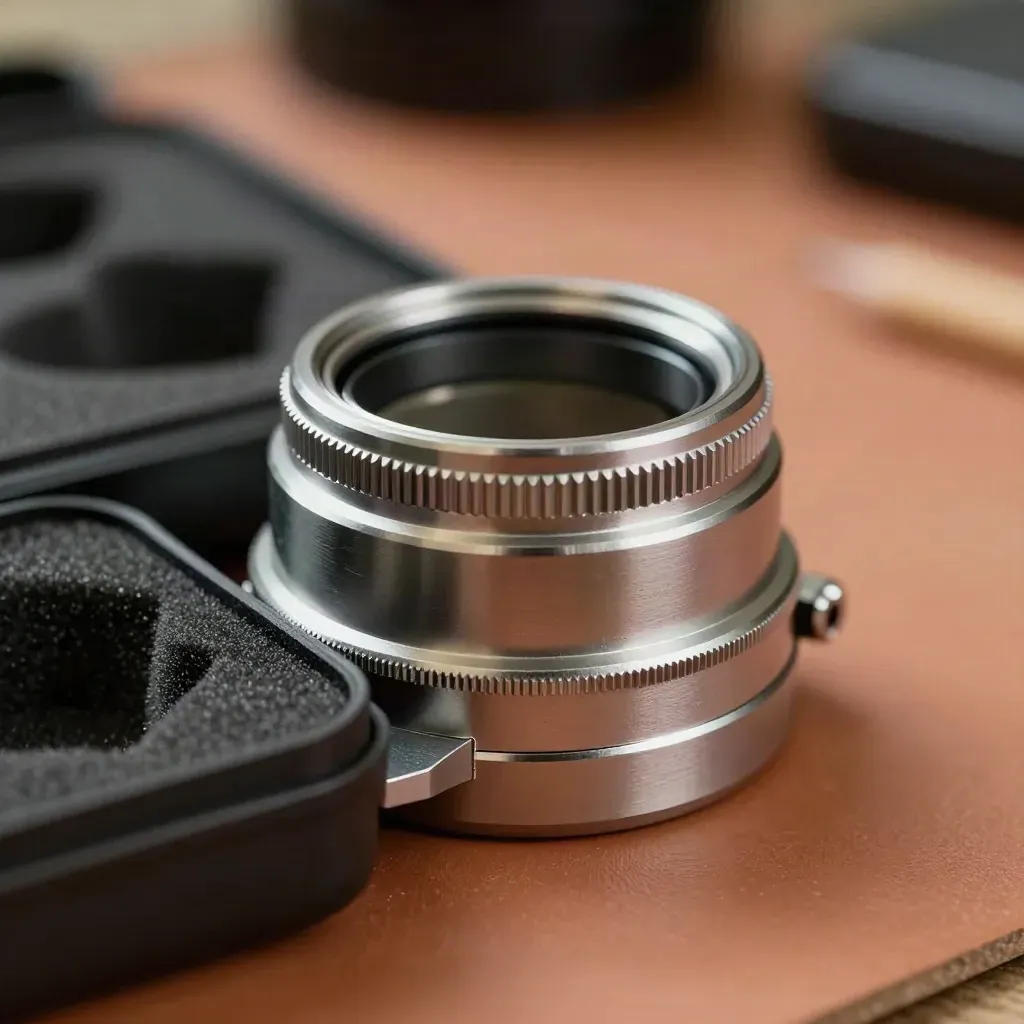 A telescope kit's mount collar and adapter rings nestled in foam, shot in moody close-up light.