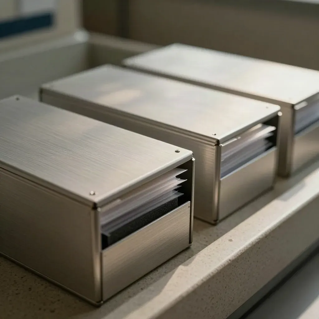 Overhead macro of aluminium archive boxes, sleeves and foam inserts arranged in a neat row.