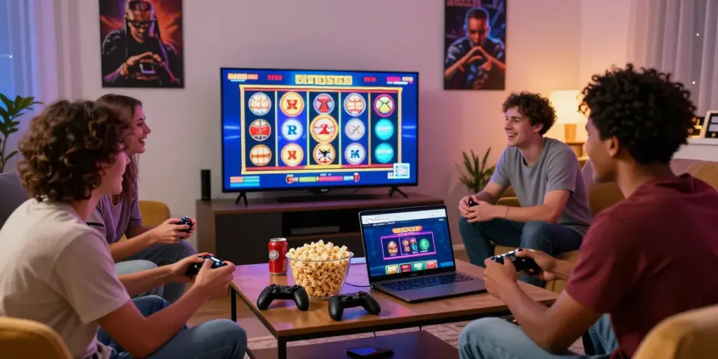 Group of friends enjoying online gaming at home, featuring casino not on GamStop.
