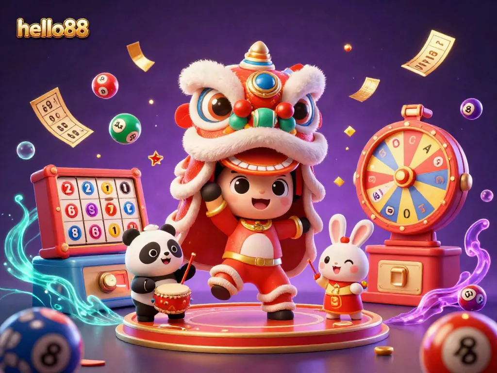 Experience thrilling casino action with hello88 in a vibrant 3D illustration featuring festive characters and colorful gambling elements.