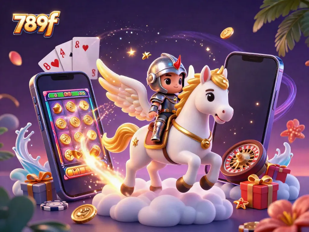 Engage with 789f's thrilling casino experience featuring a celestial horse, slot games, and vibrant visuals.