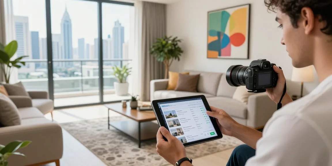 Managed hosting for Dubai listings showcased in a stylish apartment with vibrant decor and skyline views.