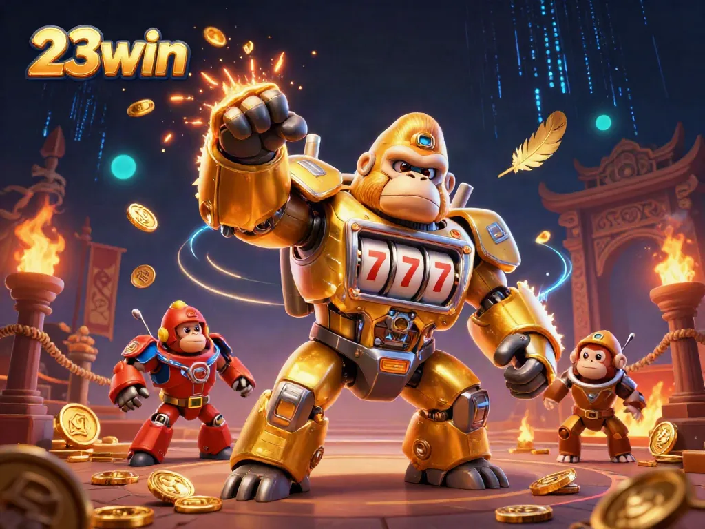 Unleash winnings with 23win's golden gorilla mech in an explosive casino battle scene.