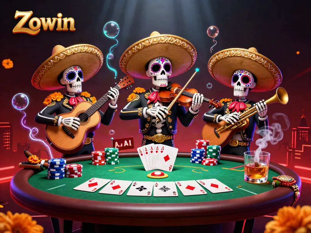 Zowin inspires fun and excitement with a vibrant 3D mariachi scene at a poker table.