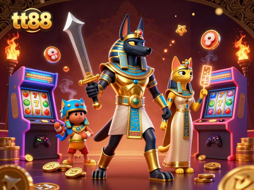 Engage with exciting gameplay at tt88 featuring Anubis and Bastet in a vibrant casino atmosphere.