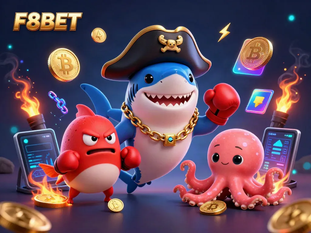 Engage with F8BET’s vibrant gaming world featuring sharks, pufferfish, and octopus as playful characters.