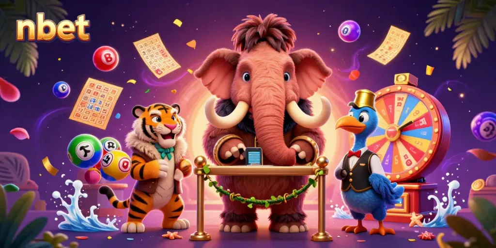 Join the excitement at nbet with a vibrant casino scene featuring unique characters and lively game elements.