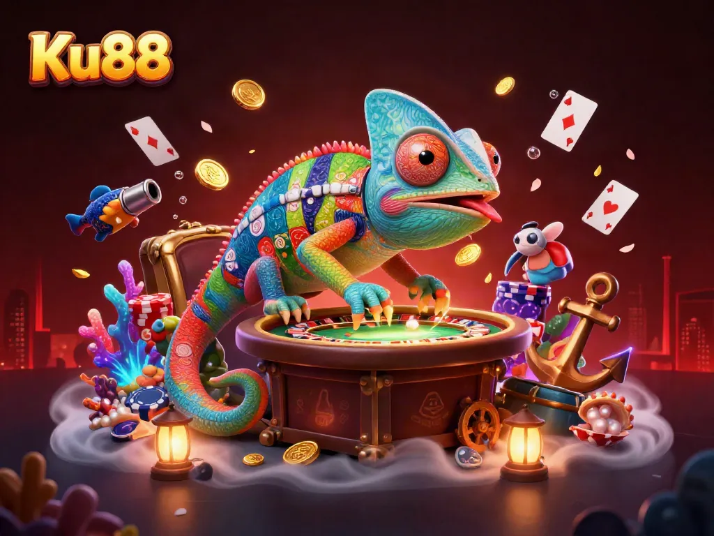 Engage with Ku88's vibrant casino world, featuring colorful gaming elements and a unique chameleon character.