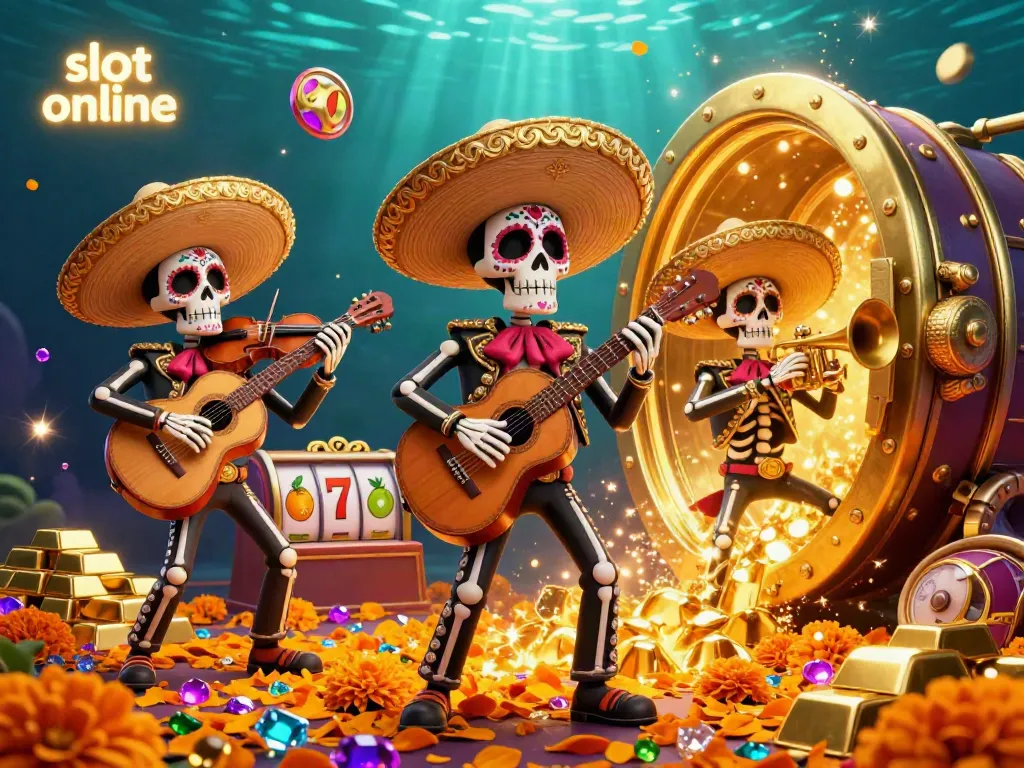 Engage with the colorful Dia de los Muertos skeleton mariachi band celebrating slot online excitement amid gold treasures.