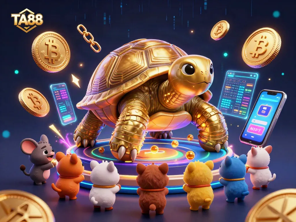 Play thrilling games at TA88, featuring a vibrant golden tortoise pinball machine surrounded by cryptocurrency elements.