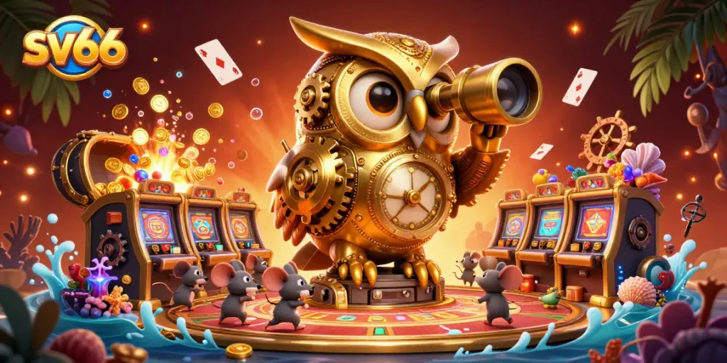 Experience sv66 excitement with a vibrant casino scene featuring a golden owl and charming mouse patrons.