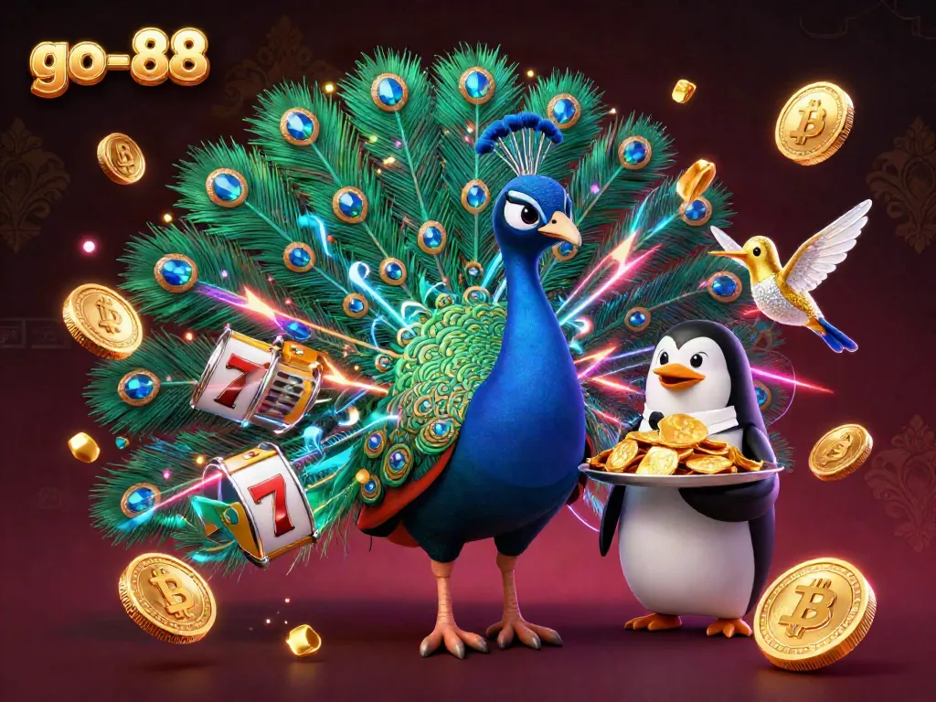 Experience the excitement at go-88 with a dazzling peacock and gaming elements in a vibrant casino scene.