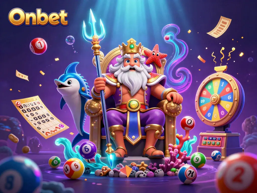 Engage with Onbet's vibrant gaming scene featuring Neptune, samurai, and playful elements.