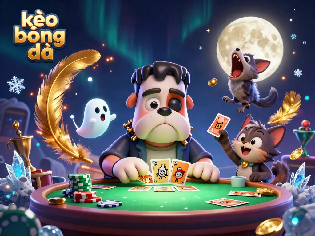 Betting at kèo bóng đá with a 3D cartoon Frankenstein bulldog dealer at a spooky table, surrounded by vibrant gaming elements.