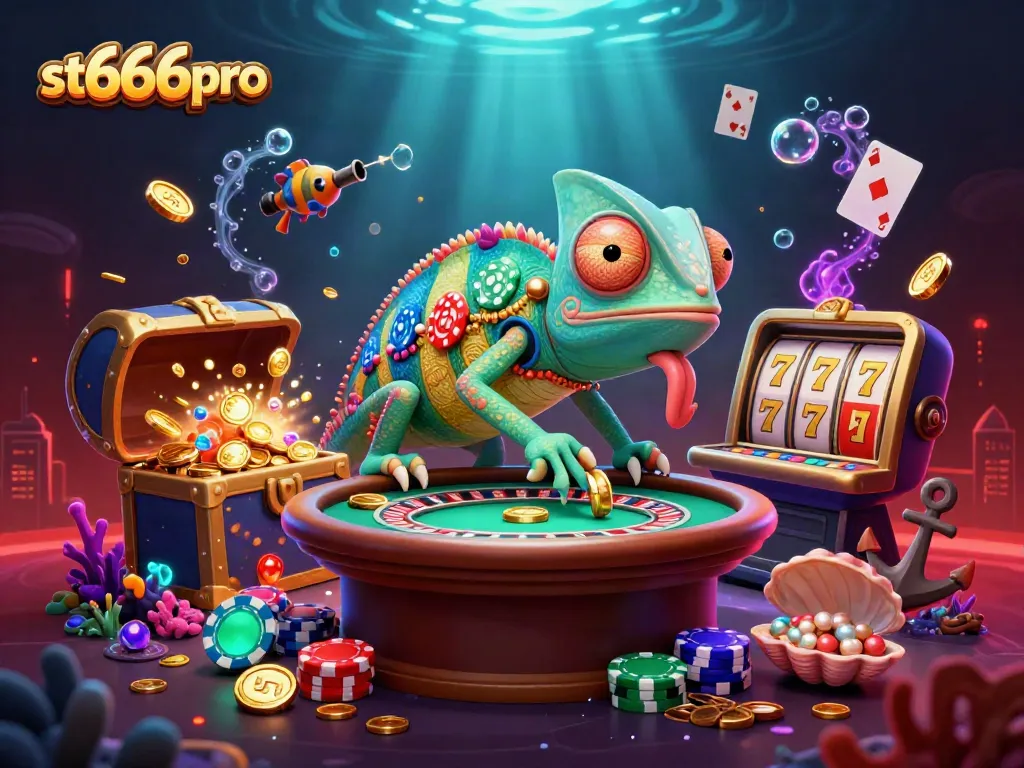 st666pro entertains gamblers with vibrant casino elements and golden treasures in a colorful scene