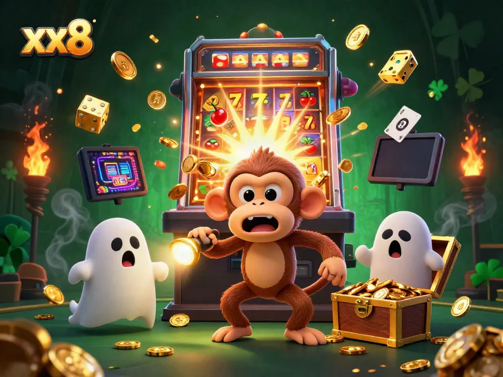 Experience excitement with xx8 as a poltergeist monkey juggles golden coins in a thrilling haunted casino scene.