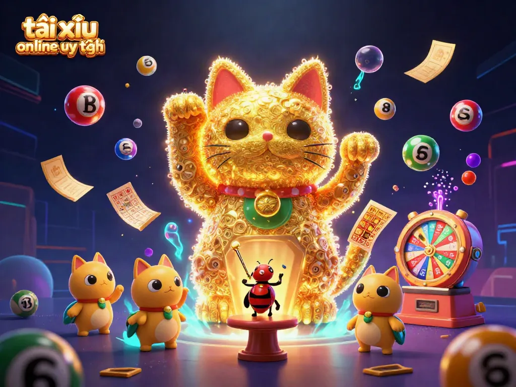 Engage with tài xỉu online uy tín in this vibrant illustration featuring dynamic casino symbols and lucky cat.