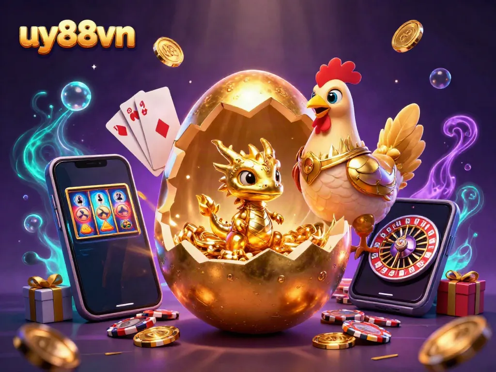 Experience thrilling moments with uy88vn's golden dragon guarding poker chips in a vibrant casino scene.