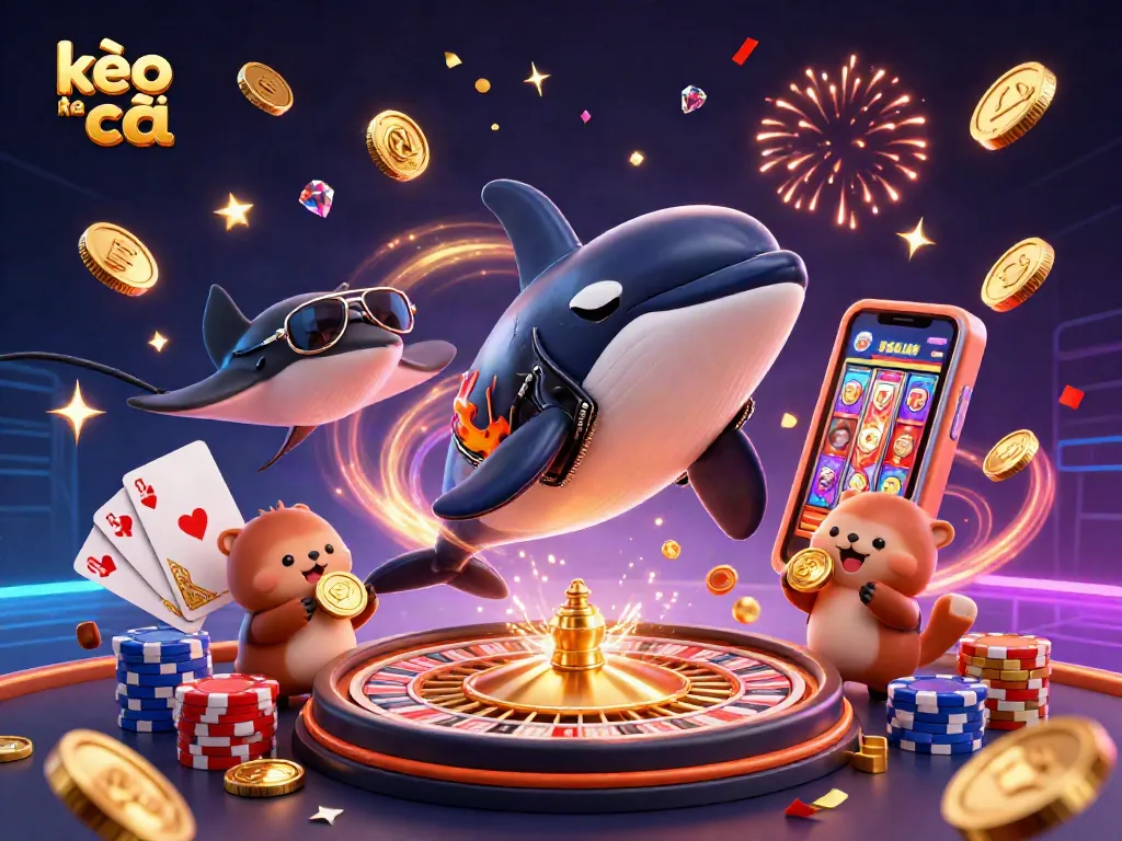 This ultra-detailed 3D illustration features kèo nhà cái themed characters and casino elements celebrating sports betting.