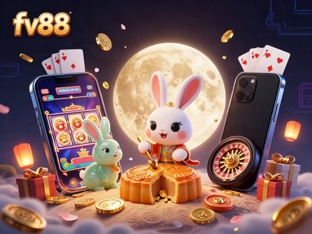 Engage with fv88 as the moon rabbit reveals poker chips while playing thrilling casino games.