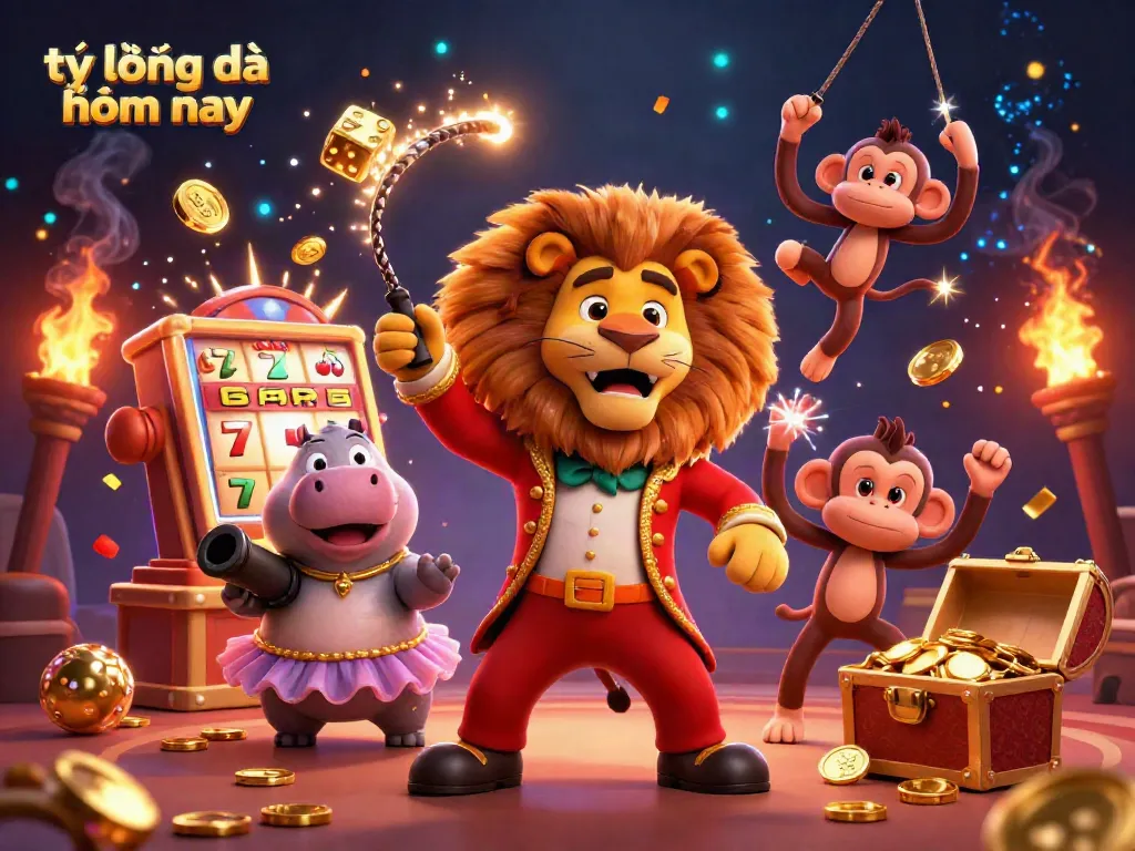 Engaging scene depicting tỷ lệ bóng đá hôm nay with colorful slot machine explosion and festive characters.