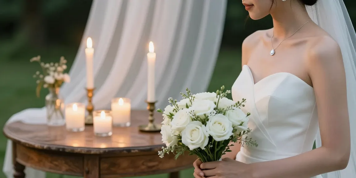 Minimalist bridal jewellery shining on a bride in a romantic wedding setting with soft candlelight.