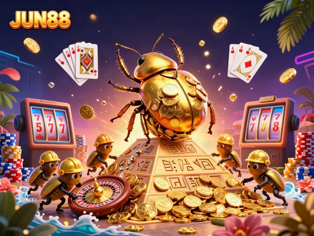 Experience thrilling casino action at JUN88 with golden beetles and vibrant gaming elements.