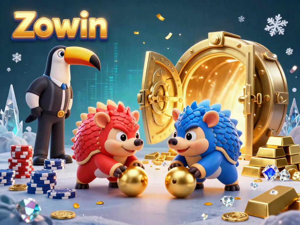 Bowling pangolins reveling in golden treasures at Zowin casino.