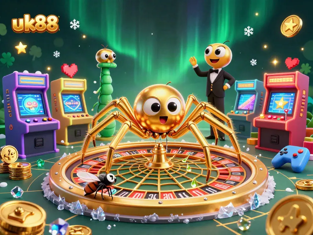 Engage with uk88 casino adventures in this vibrant 3D cartoon illustration of a golden web roulette scene.