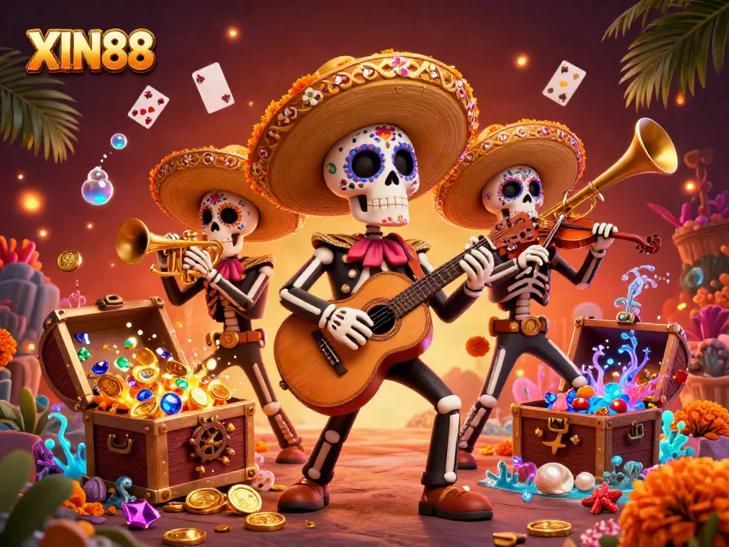 XIN88's vibrant mariachi band illustration showcases underwater treasure and casino elements.