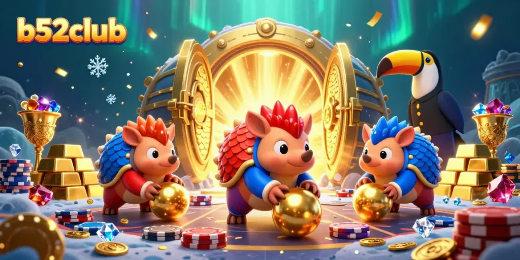 Experience excitement at b52club with rival pangolins bowling through golden poker chips in a dynamic casino illustration.