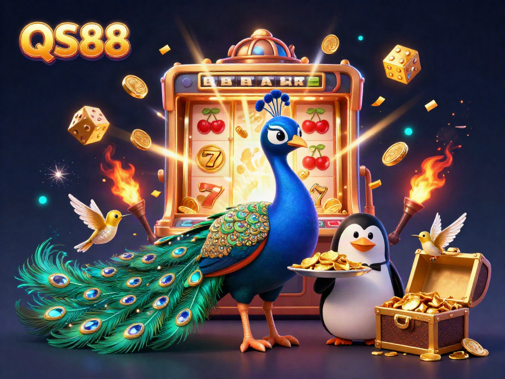 QS88 showcases a colorful casino scene with a peacock, penguin, and hummingbird amid a slot machine jackpot.