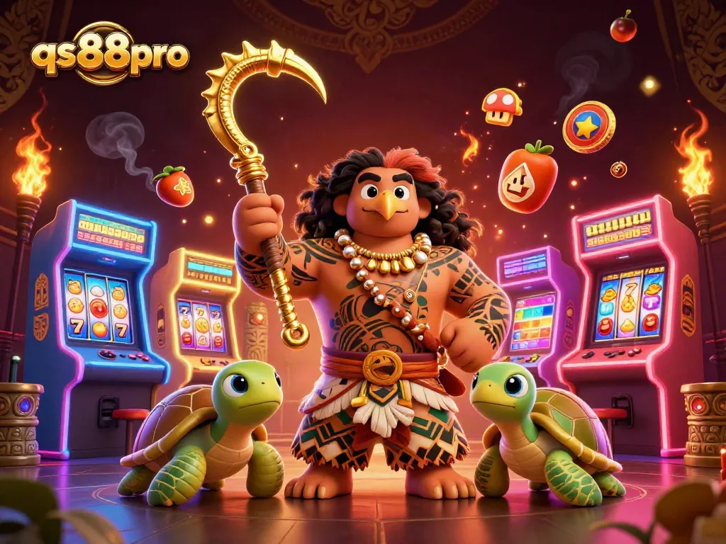 qs88pro showcases a vibrant 3D casino scene featuring a demigod hawk, slot machines, and dynamic game elements.