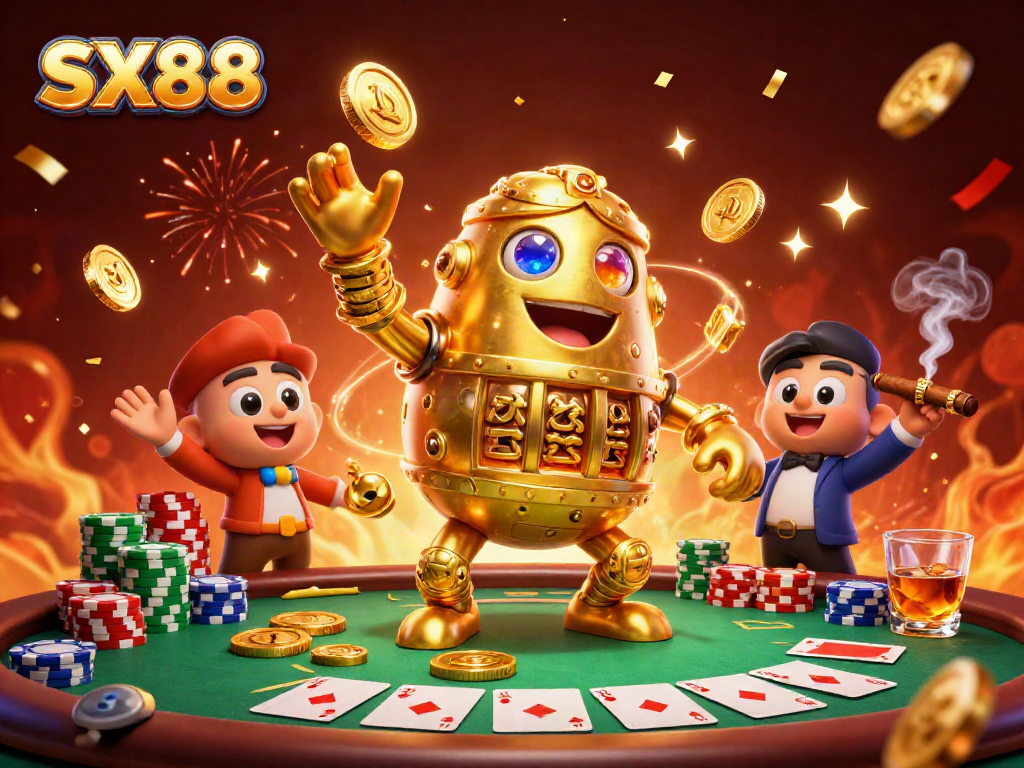 SX88 portrays a golden golem surrounded by poker elements, showcasing dynamic gambling excitement and energetic vibes.