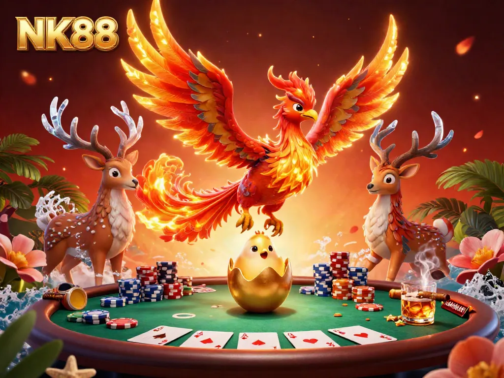 Experience thrilling wins at NK88 with a vibrant illustration of a phoenix, poker elements, and dazzling casino atmosphere.
