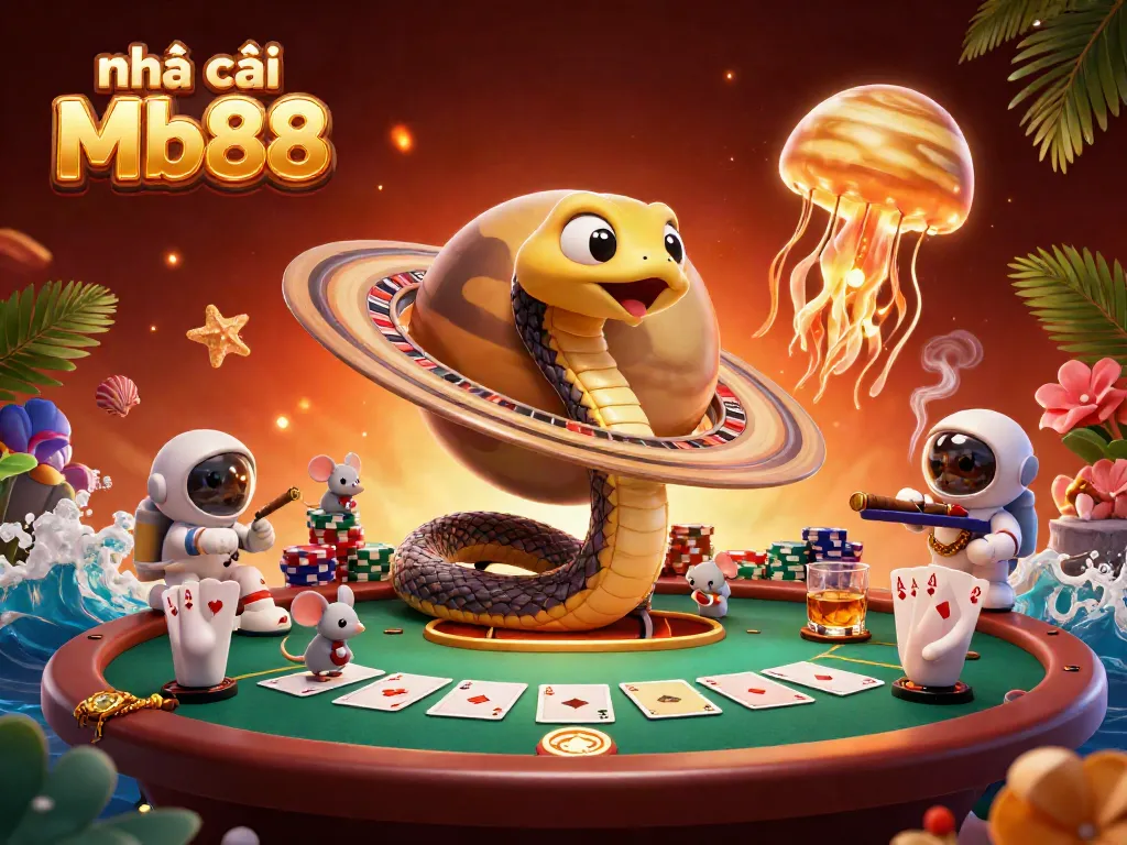 Experience the excitement at nhà cái Mb88 with cartoon scenes of space-themed gambling and betting on Saturn's roulette rings.