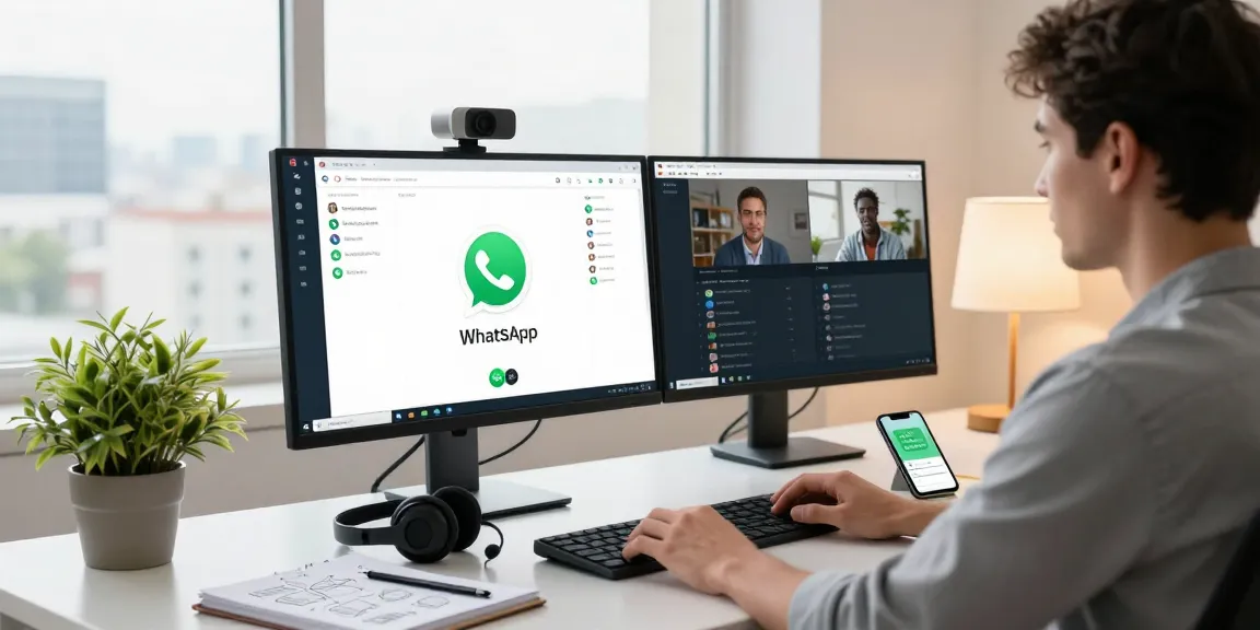 Professional user engaged with WhatsApp電腦版 in a modern home office, showcasing efficiency and digital connectivity.